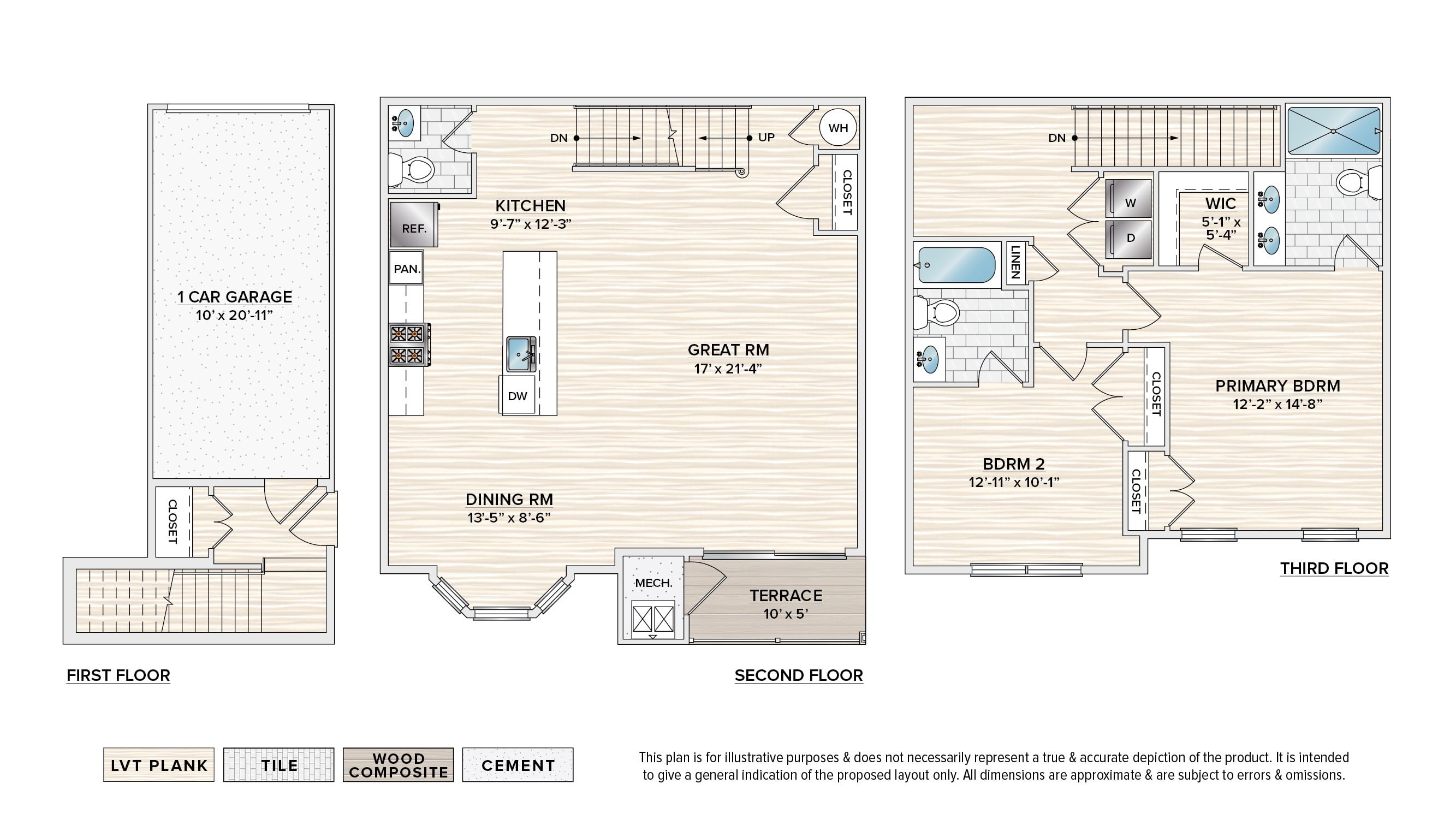 The Benton (FDG-B2) garage apartment floor plan with 2 bedrooms, 2.5 baths, a patio/balcony, and a 1-car garage,A staircase with a white railing and wooden steps.,A spacious kitchen with wooden floors and a staircase on the left side.,A kitchen with brown cabinets and a white countertop.,A modern kitchen with wooden floors and a large island.,A room with wooden floors and a staircase.,A white toilet sits next to a sink in a bathroom.,A white laundry room with a washer and dryer.,A room with wooden flooring and two windows.,A white room with a door and a brown floor.,A modern bathroom with a walk-in shower and double sinks.,A room with a window covered by blinds.,A white closet with a door open.,A bathroom with a white toilet and a white bathtub.,A garage with a white wall and a white door.,A white door is on the left of a balcony with a black railing.